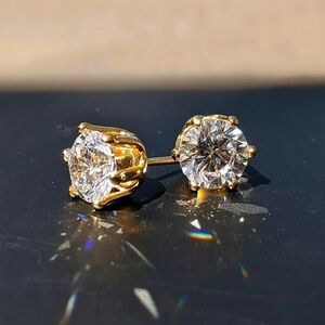 Vintage • Classic 6 Prong Round Diamond Simulant Stud Earrings 14K Gold Overlay